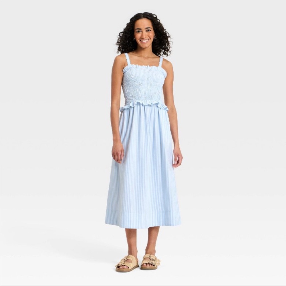 Light Blue Striped Smocked Midi Dress